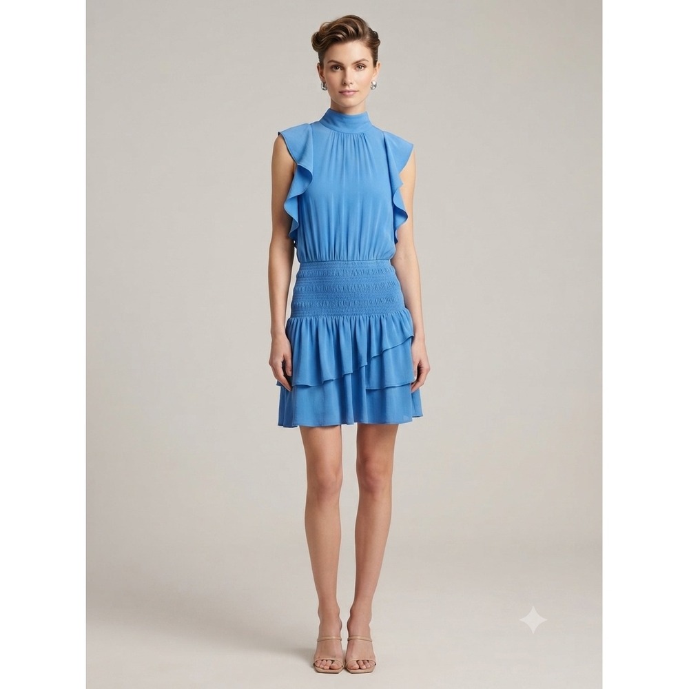 MISA Los Angeles Women Dress Blue Small Ruffle Smocked Tiered Mini RN 141698
